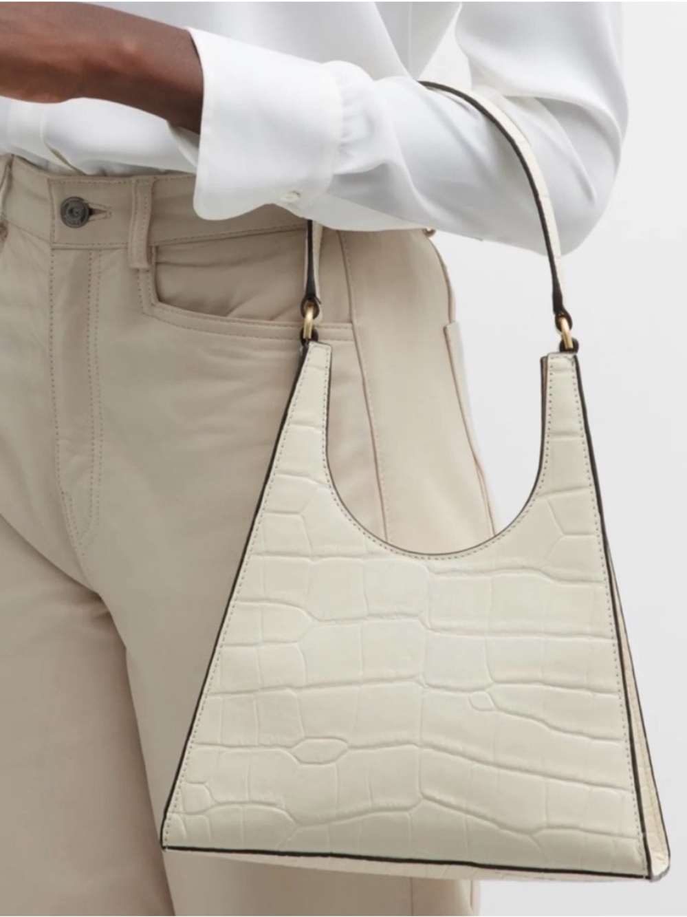 STAUD Rey Cream Croc-Embossed Shoulder Bag with Compact 10”W x 10.5”Hx 3”D